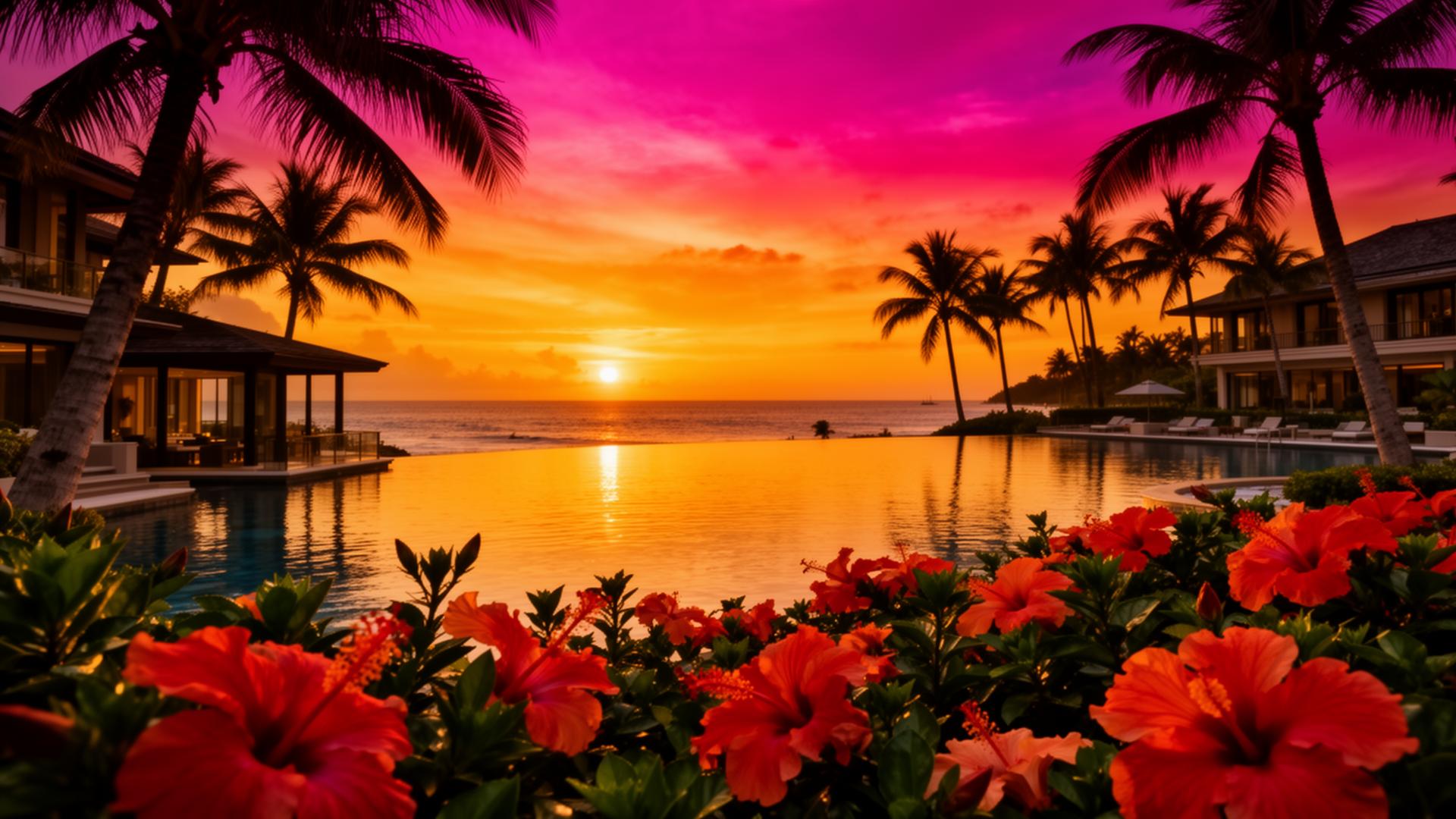 Tropical hibiscus and palm leaves bathed in golden sunset light