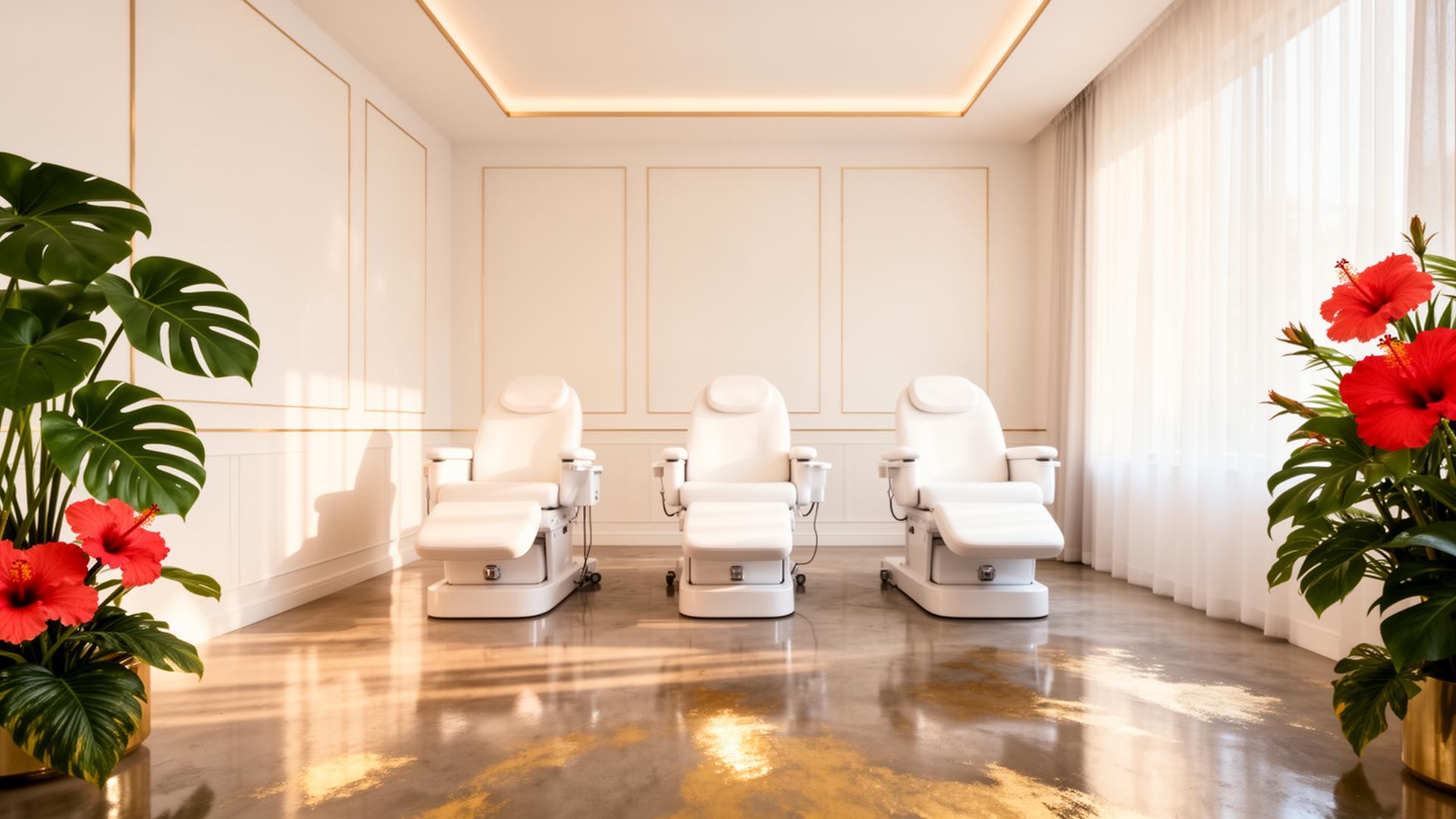 Clean modern salon interior with matte white walls and gold trim
